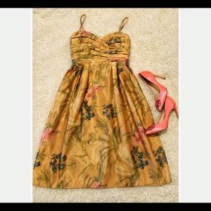 Anthropologie Gold Watercolor Floral Dress